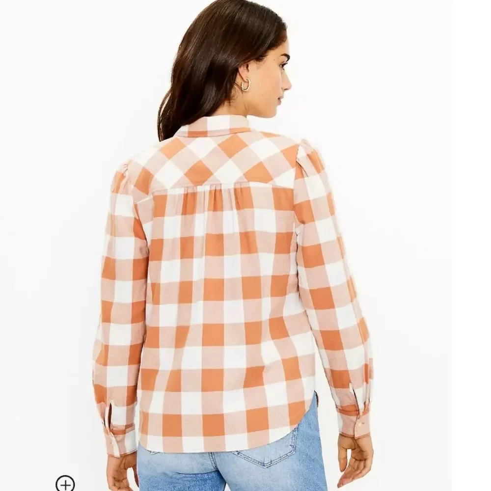 Loft Petite Flannel Plaid Round Collar Shirt sz small cottagecore prairiecore - Picture 2 of 11